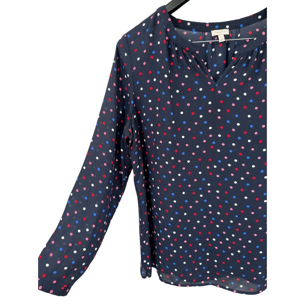 Talbots Women's Polka Dot Blouse L Long Sleeve USA Red White Blue Peasant - Picture 2 of 6